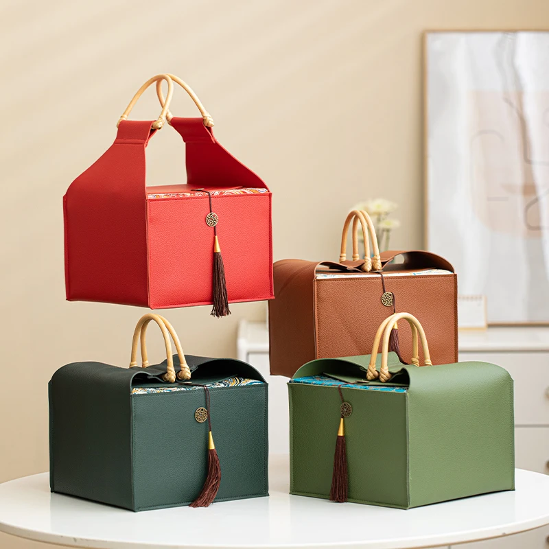 traditional-chinese-style-tea-cake-leather-gift-box-solid-color-premium-wedding-candy-box-wooden-handle-simple-hand-gift-boxes