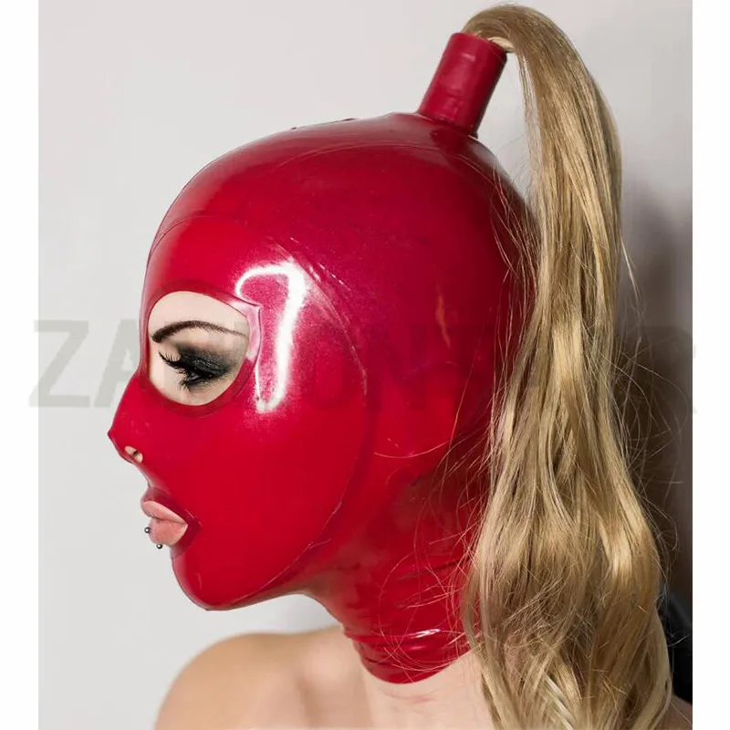 Ręcznie robiona seksowna bielizna damska Kobiety Czerwony lateks Dostosuj kolor Łączone otwarte oczy Maska na usta Kaptury z blond peruką Uniform Fe