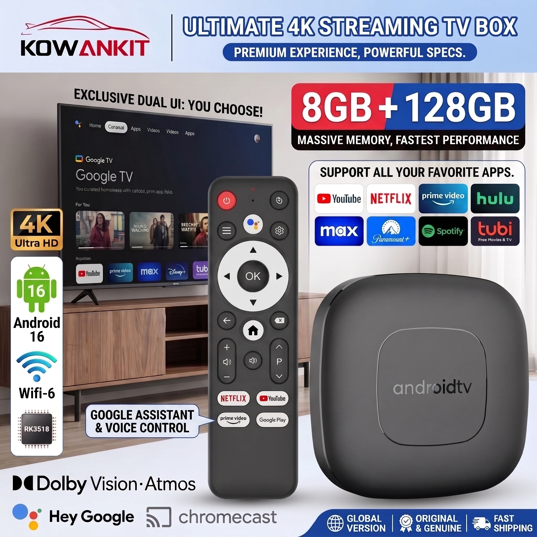 Android16 Smart TV Box 2026 8GB RAM 128GB ROM RK3518 Quad Core T1 TV BOX 4K HD Dual Wifi 5.8G Home Theater Media Player
