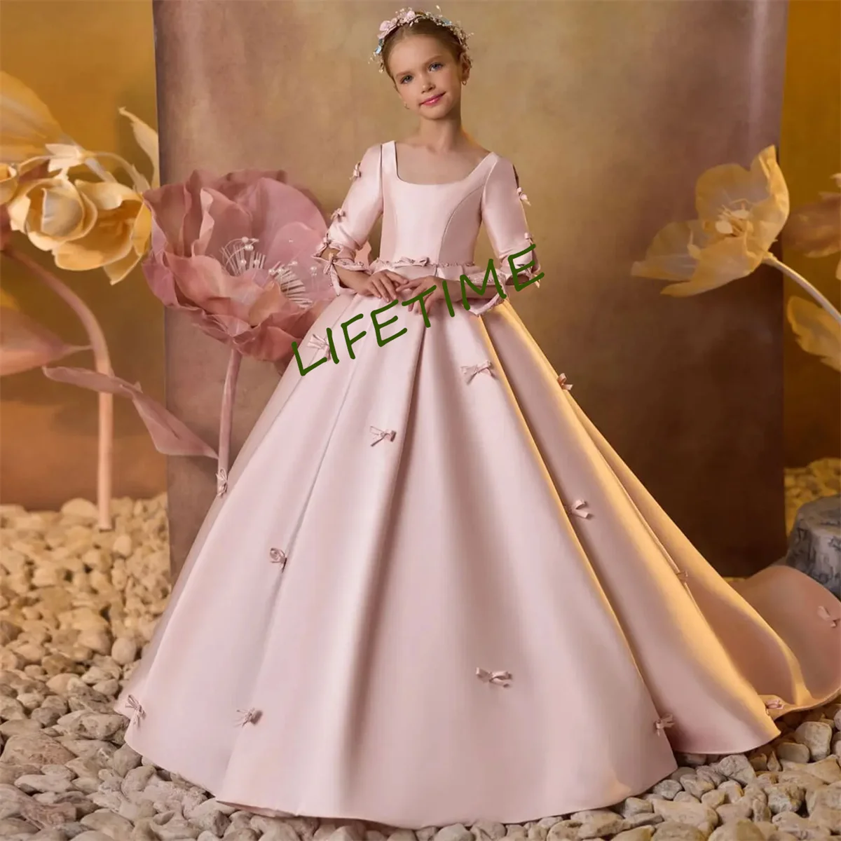 Vestidos personalizados de lujo de satén rosa para niña, vestidos de manga larga con cuello cuadrado para niños, vestido de fiesta de boda, cumpleaños y vacaciones 2024