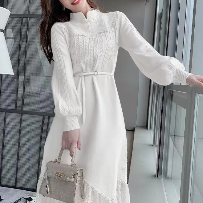 2023 New Spring Autumn Temperament White Improved Qipao Knitted Dress Women Matching Coat Skirt