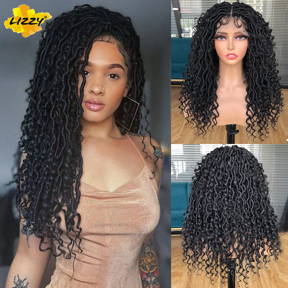 Black Faux Locs Braided Wigs Synthetic Full Double Lace Braided Braid Wig Curly Wavy Wigs for Black Women with Baby Hair