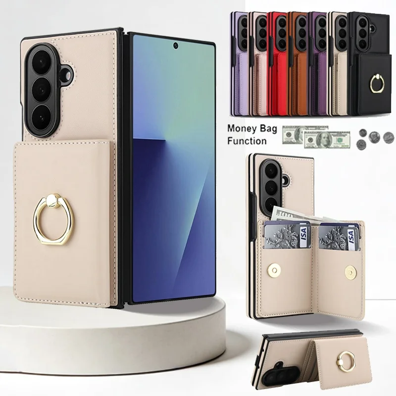 

Ring Leather Wallet Mobile Phone Case for Samsung Galaxy Z Fold 7 6 5 4 3 fold7 fold6 fold5 Card Holder Cover Funda Hoesje Coque