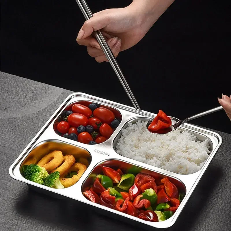 304 Stainless Steel Divided Dinner Plate With Lid Lunch Box Fast Food Tray Container 3/4/5 Section School Home Canteen Tray