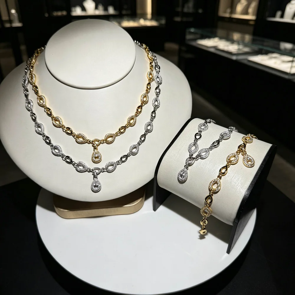 NEW Arrivals Sparking CZ Paved Water Drop Shaped Jewelry Women Wedding Fashion Charm Crystal Zircon Stone Necklace Jewelry