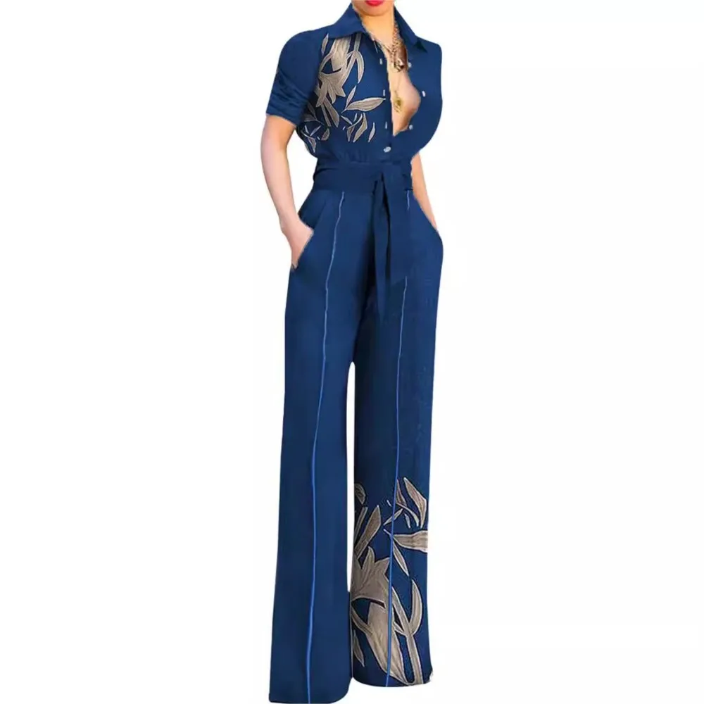 Spring Summer Fashion Printed Short Sleeved Women Jumpsuit Fashion Slim Fit Lace Up Blue Elegant Female Office Wide Leg Jumpsuit