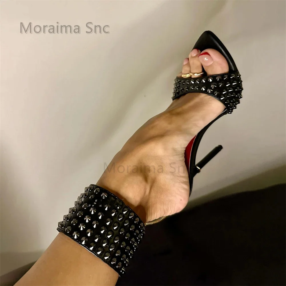 Pointed Toe High Heels Black Rivet Slippers for Women Stiletto Mules Open Toe Sexy Leather Custom Multicolor Summer Shoes