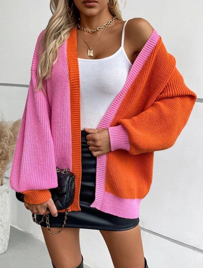 Women Trendy Cardigan Coat 2024 Autumn Winter Latest V-Shaped Collar Color Blocked Sweater Loose Button Long Sleeve Knitted Top