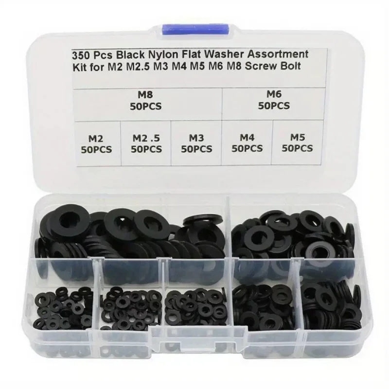 

350pcs PA66 Black/white Nylon Flat Washer Set M2-M10