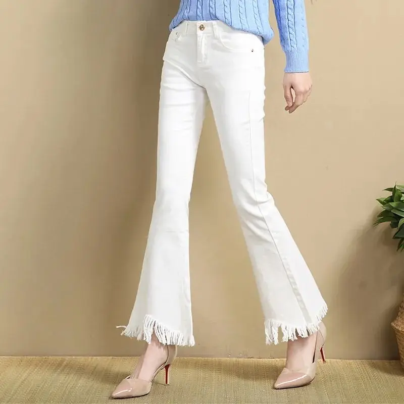 Jean neuf collants d'été pour femmes, trou fin, Micro évasé, Version coréenne, pompon, pantalon évasé blanc, amincissant, élastique, TT1086