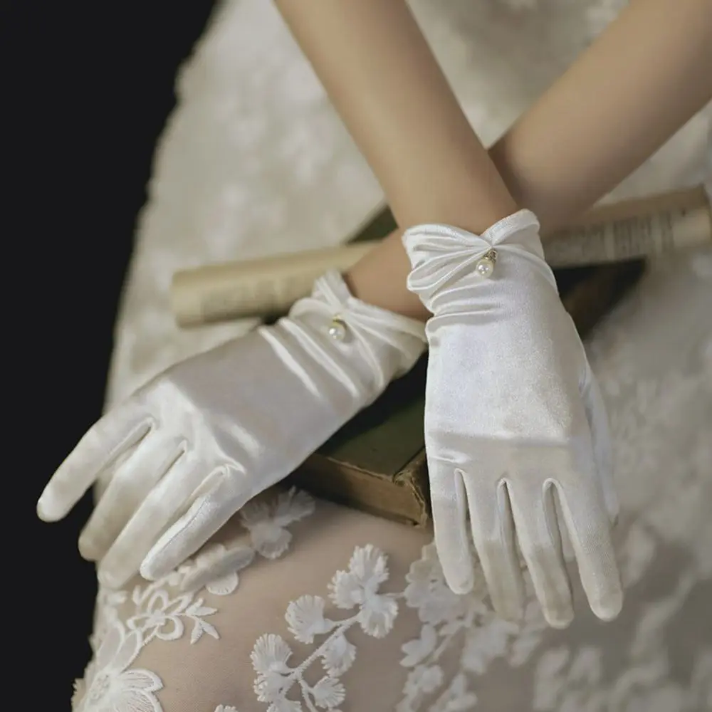 Elegant Temperament Satin Bridal Five Finger Lolita JK Women Wedding Gloves Korean Driving Mittens Pearl Full Finger Gloves