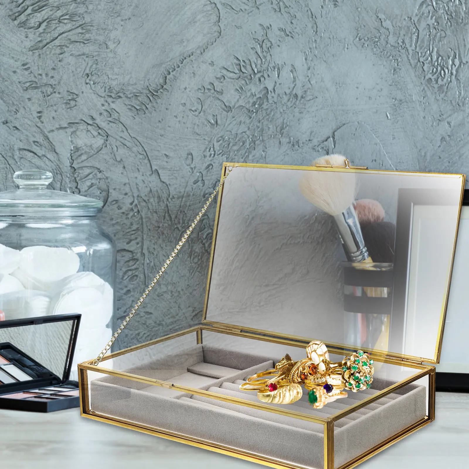 

Премиум-шкатулка для хранения ювелирных изделий из стекла с золотистой рамкой из сплава, прозрачный демонстрационный футляр для ожерелий, колец, серег, настольный