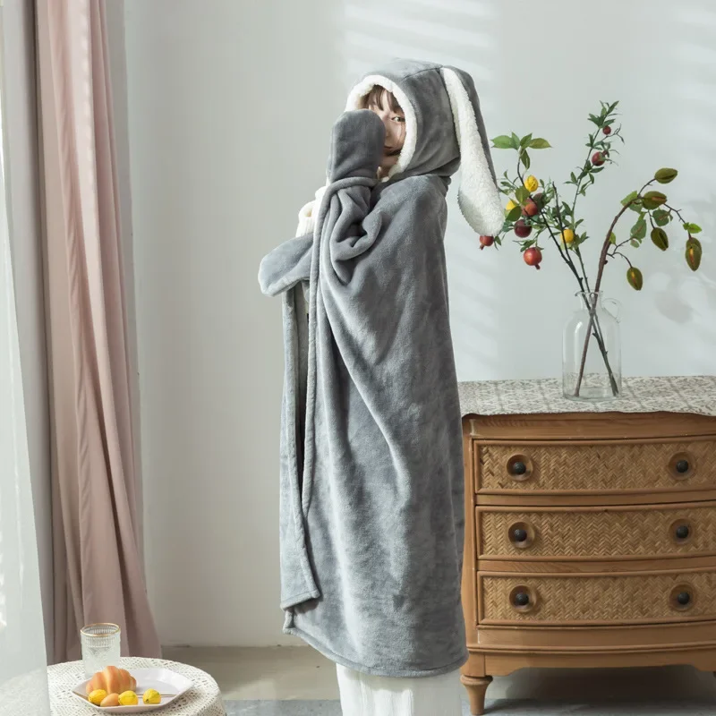 Hooded Cloak Blankets Comfortable for Picnic Travel Fleece Wearable Throw Blanket Rabbit Ear Thickened Hooded Cloak Winter Warm