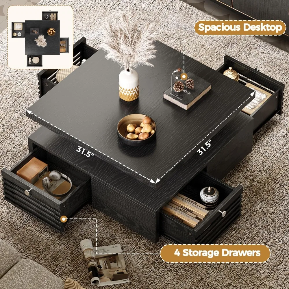 طاولة قهوة مع ضوء LED ومحطة شحن، 4 أدراج تخزين بتصميم شبكي، طاولة قهوة مربعة لغرفة المعيشة