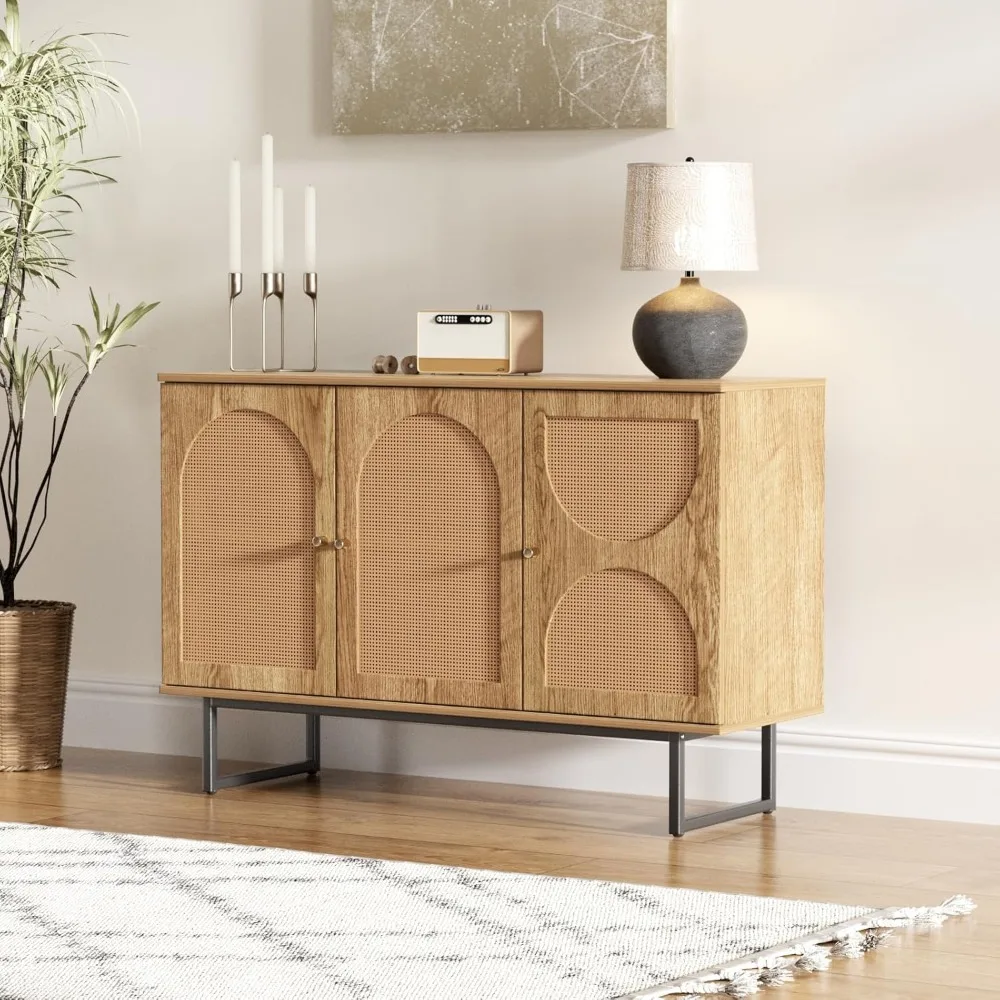 

Boho Sideboard Buffet: Rattan Door Cabinet with Metal Legs for Living Room - Modern Credenza Bar Storage​