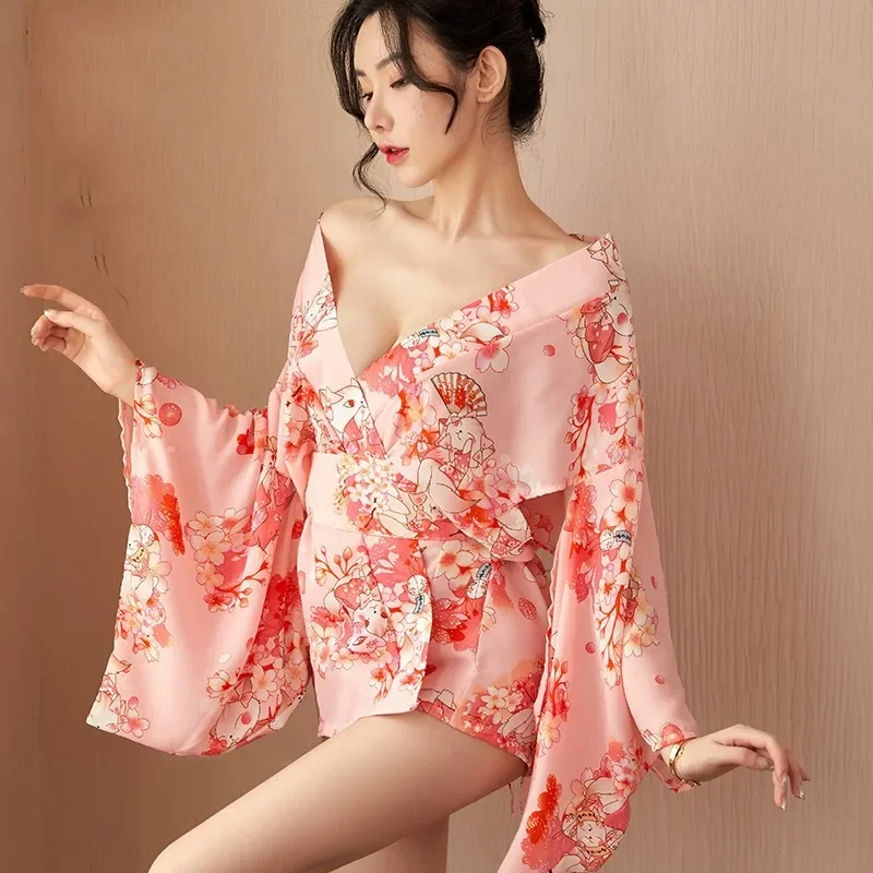 Sexy Rosa Kimono giapponese Accappatoio Abito Stampa Fiore Mini Yukata Haori Camicia da notte Intimo Lingerie Tunica in chiffon Kimono Uniforme