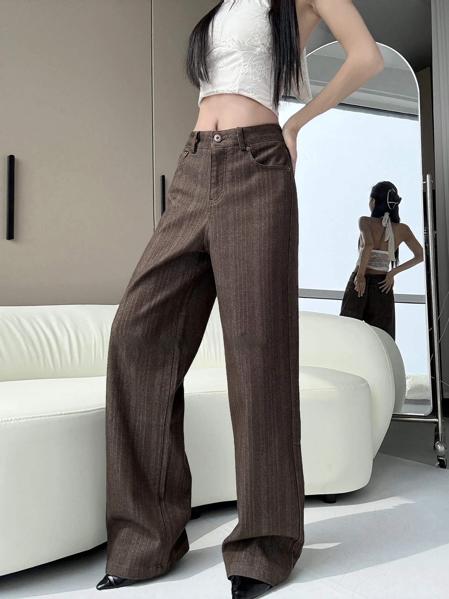 

Silken Silver Denim Pants Loose Straight Leg Wide Leg Jeans Natural Waist Button Closure Striped Pattern Spring Ladi...