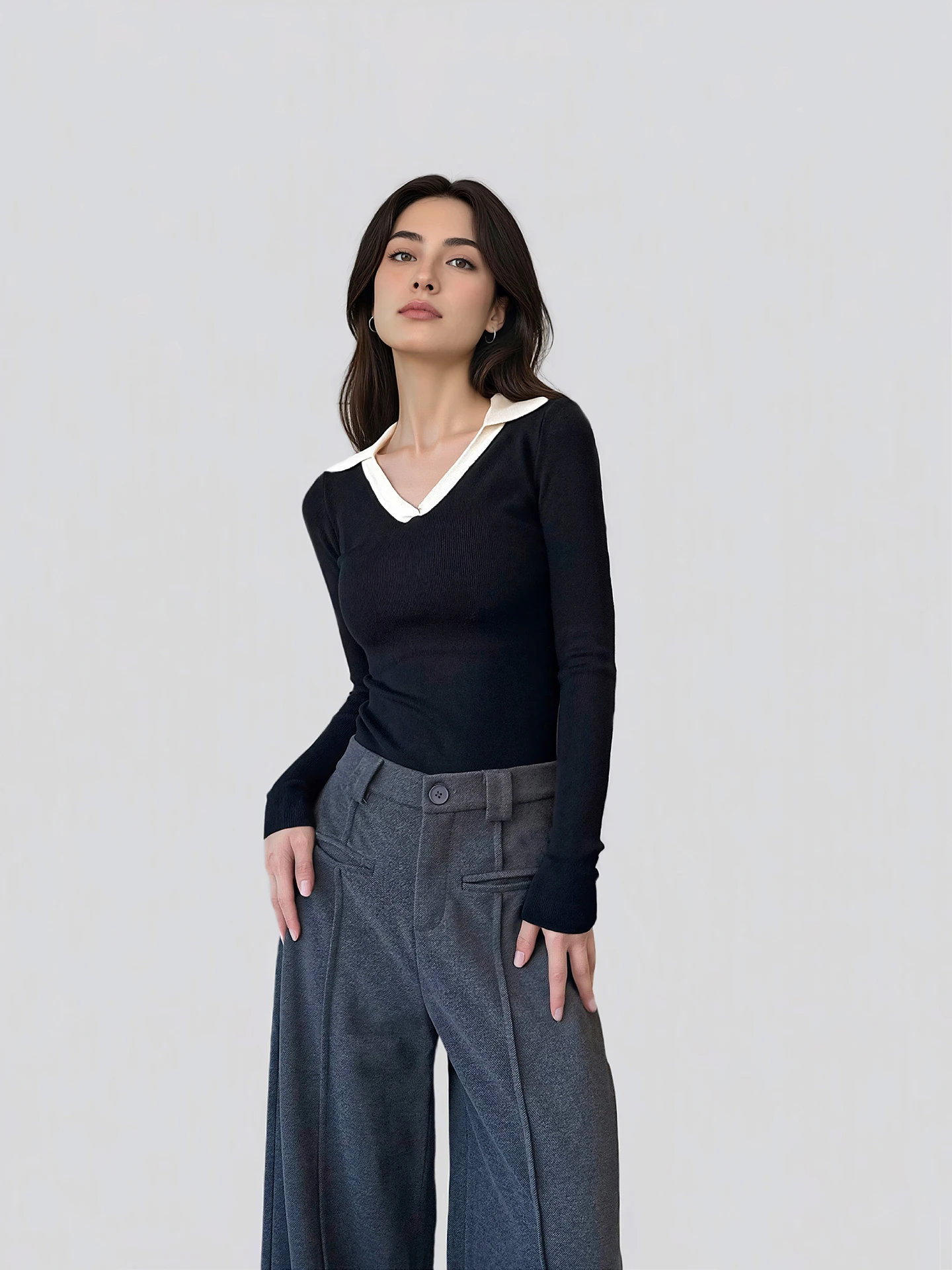 

Вязаный свитер ANGJIA для женщин: приталенный, с V-образным вырезом, в стиле колор-блок, повседневный, из мягкой ткани, с длинными рукавами, для офиса