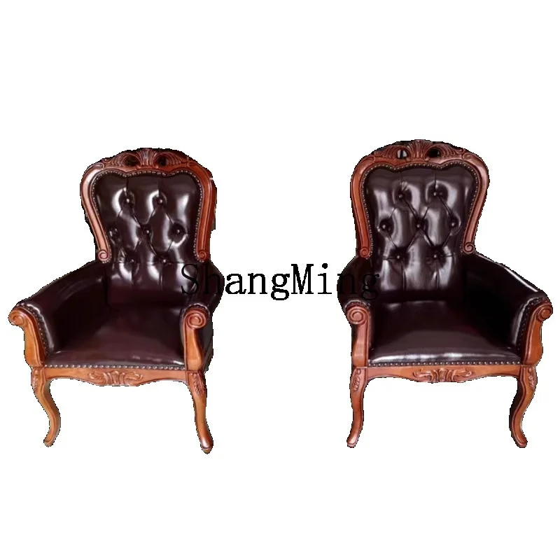 

ZJH solid wood office leather boss retro sofa chair home computer chair