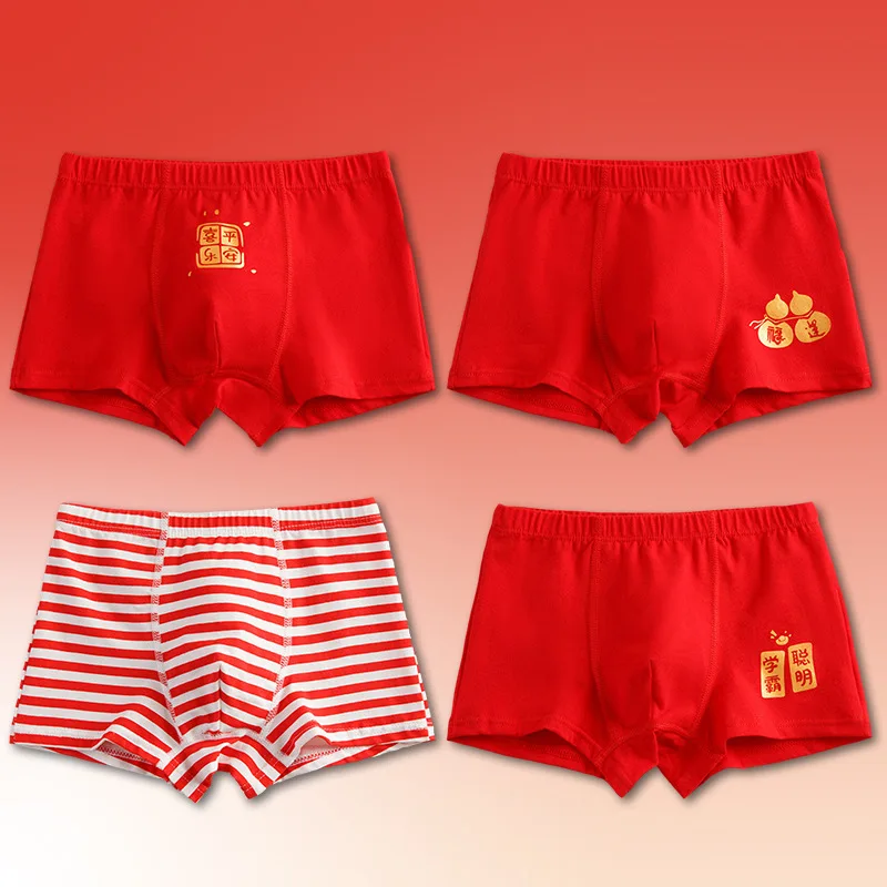 Boy Red Boxers Kids Short Cotton Panties Children Underpants Size 90-150 Good Lucky Chinese New Year Design Boxers