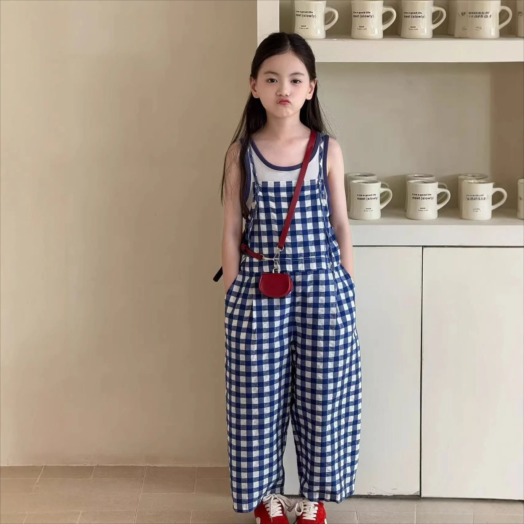 2026 Summer New Style Girls Overalls Children's Clothing Girls' Pants Checkered Camisole Jumpsuit