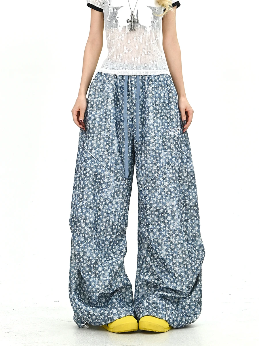 

Новые летние свободные женские повседневные брюки с принтом в виде звезд, широкие, в пол, в корейском уличном стиле, свободного кроя