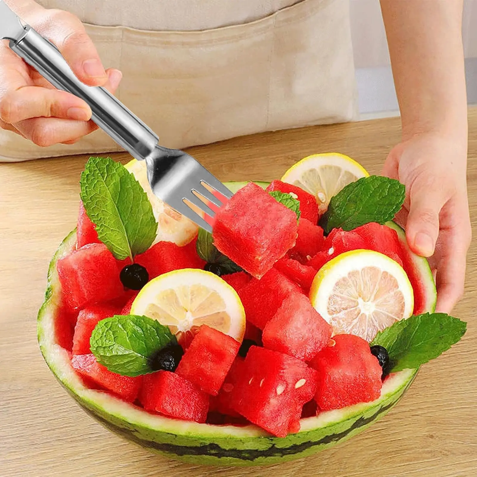 2-in-1 Stainless Steel Fruit Cutter, 2024 New Watermelon Fork Slicer Cutter, Dual Head Fruit Forks Slicer Watermelon Cutter Tool