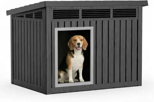 Dog House Outdoor & Indoor, Medium Size, Black | Weatherproof PP Resin Material, Openable Roof for Easy Cleaning