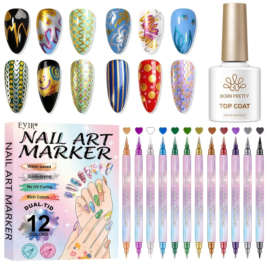12 Double-Ended Nail Art Painting Pens with Gloss Top Coat Waterproof, Quick-Drying & High Pigmentation.The fine tips are perfer