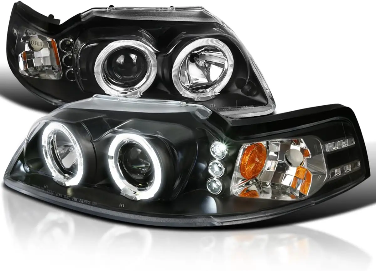 

Black LED Dual Halo Projector Headlights Compatible with 1999-2004 Ford Mustang, Left + Right Pair Headlamps Assembly