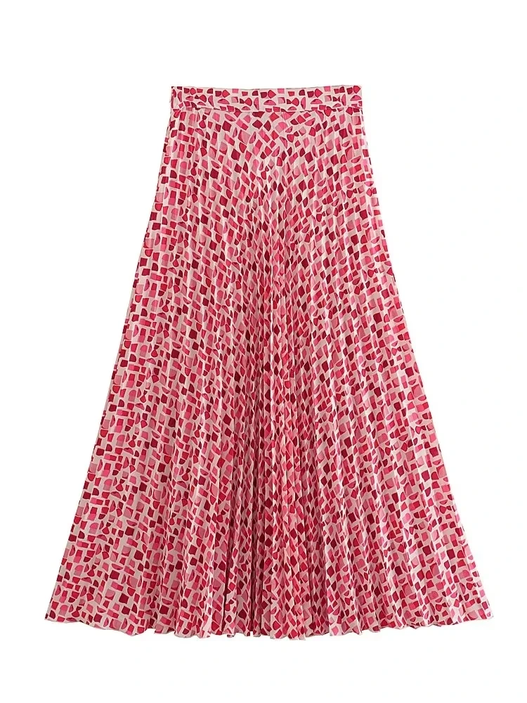 TRAF Pink Pleated Skirt Women Print Ruched Long Skirts for Women 2023 Summer High Waist Midi Skirt Woman Fairycore Evening Skirt