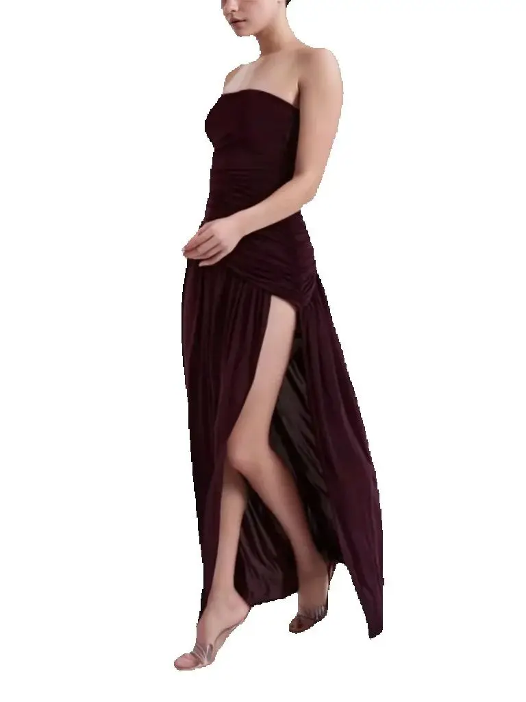 

Sexy Side High Split Strapless Long Formal Evening Dress Brown