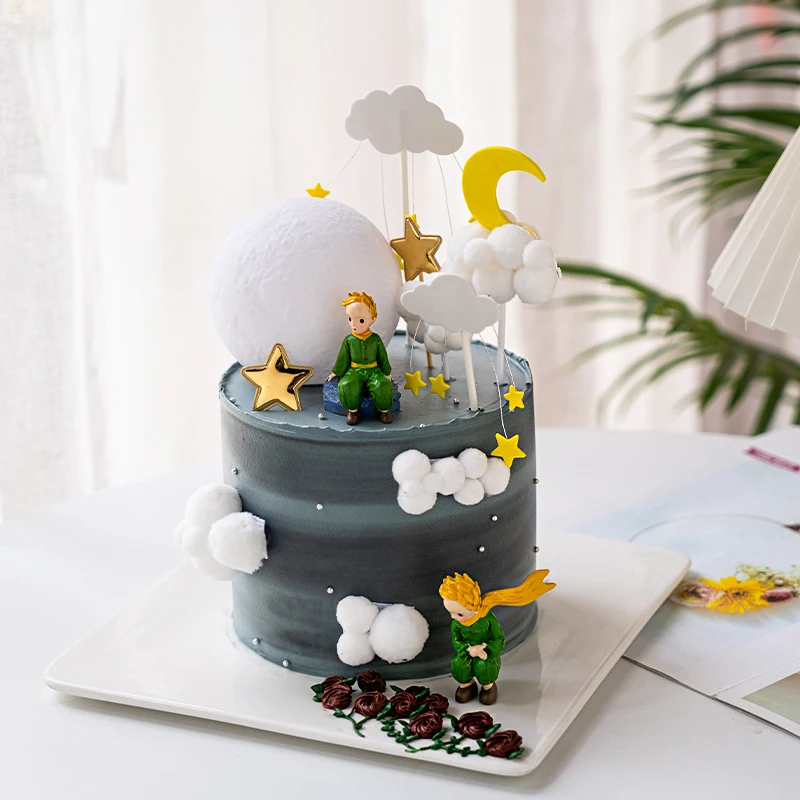 Boy Birthday Cake Topper Decorations Little Prince Moon Ball Lamp Hair Clouds Kids Gifts Party Dessert Baking Dress Up Supplies