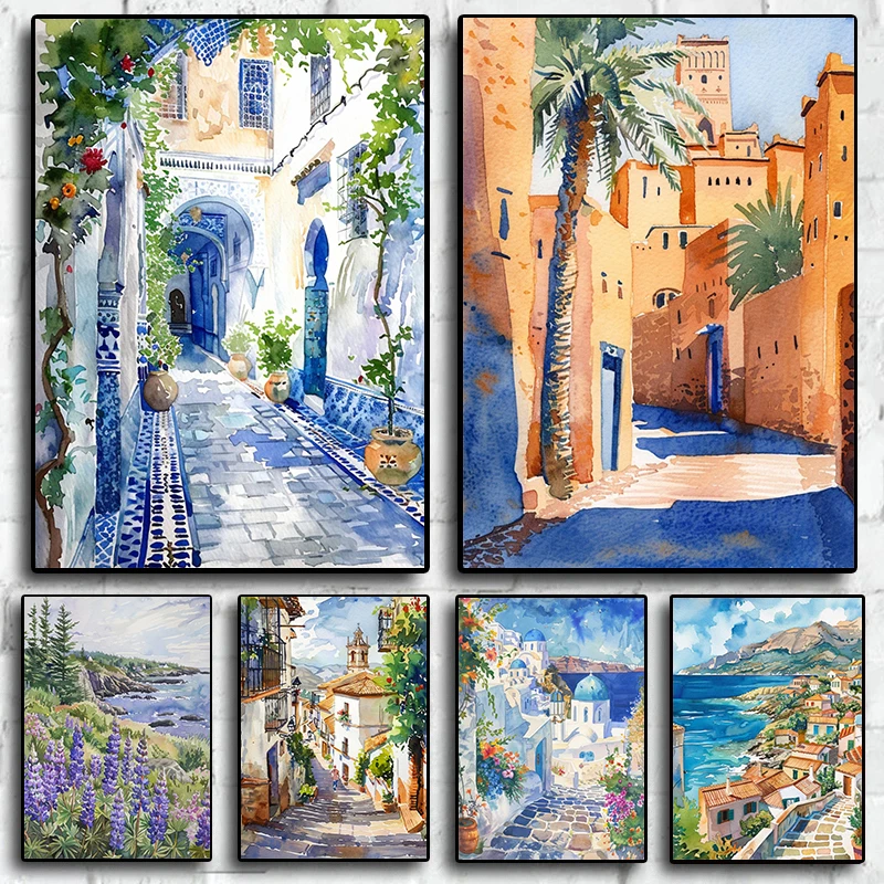 Watercolor European Coastal Landscape Travel City Morocco France Greek Spain Poster Diamond Painting Wall Pictures Home Decor