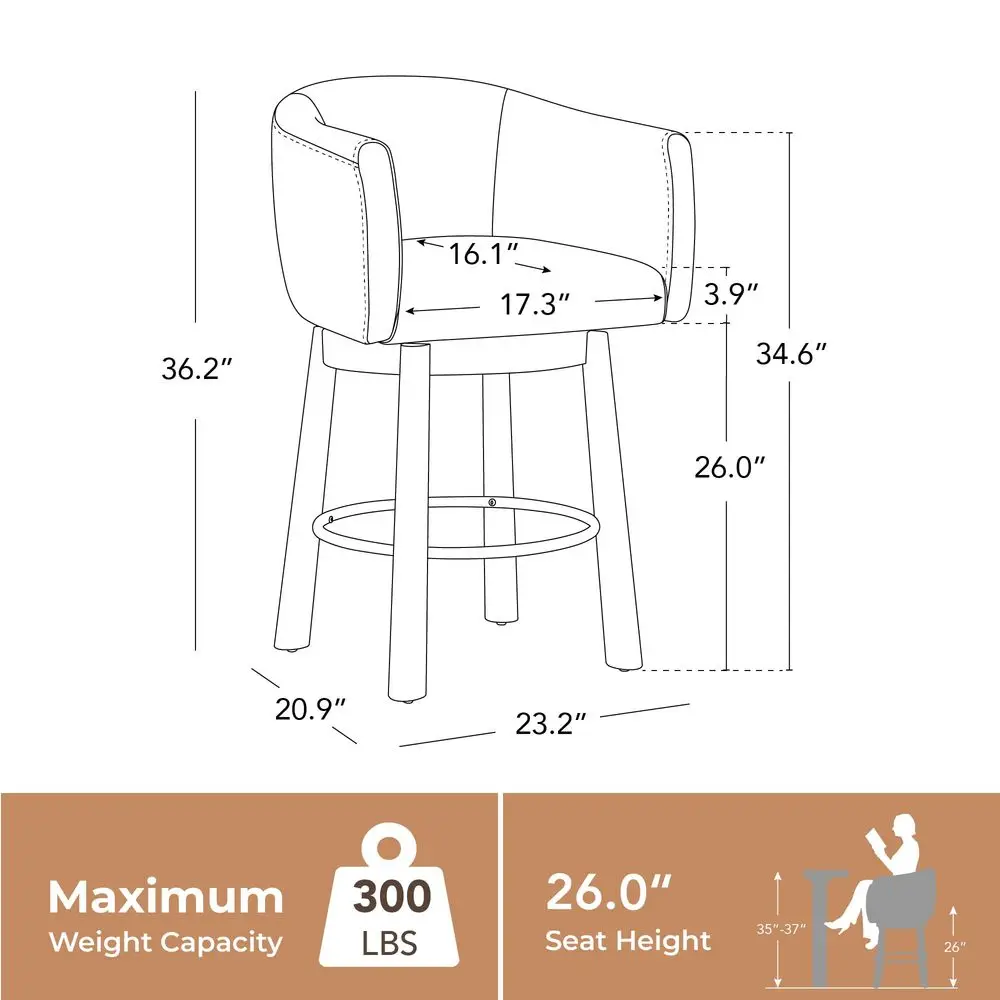 

Genuine Leather Swivel Bar Stool Set of 2, Modern Counter Height Bar Stools with Arms, Solid Wood Turned Legs, holstered Bars
