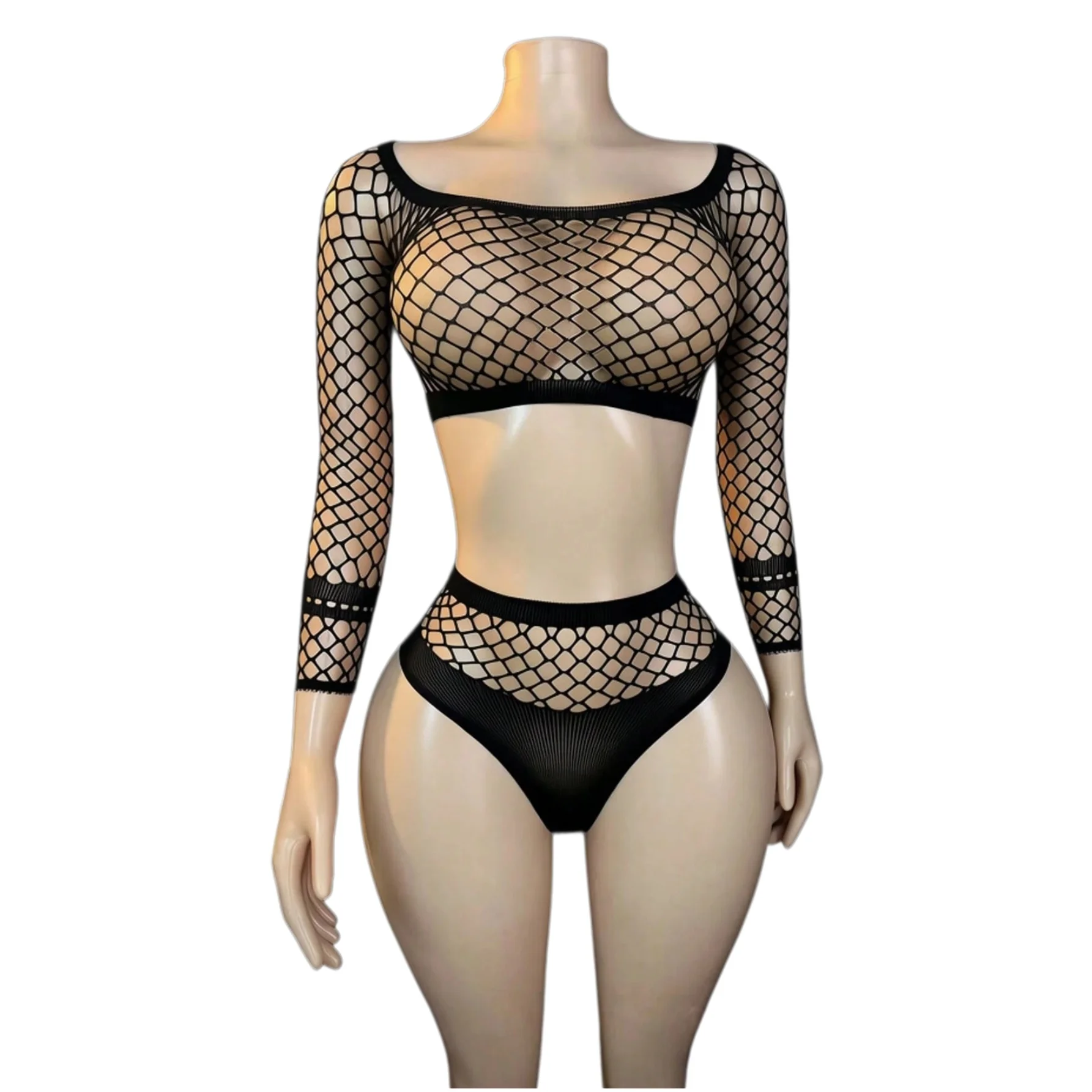 Women's Sexy Black Mesh Underwear High Elasticity Fishnet Hollow Out Two Piece Crotchless Babydoll Set Exotic Lingerie T101