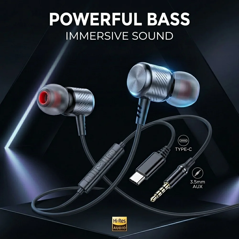 Deep Bass Metal Headphones Wired DAC Type C 3.5mm Earphones With Mic Earbuds Sport Music Headset For Mobile Phones Laptops PC — product photo 1 of 1