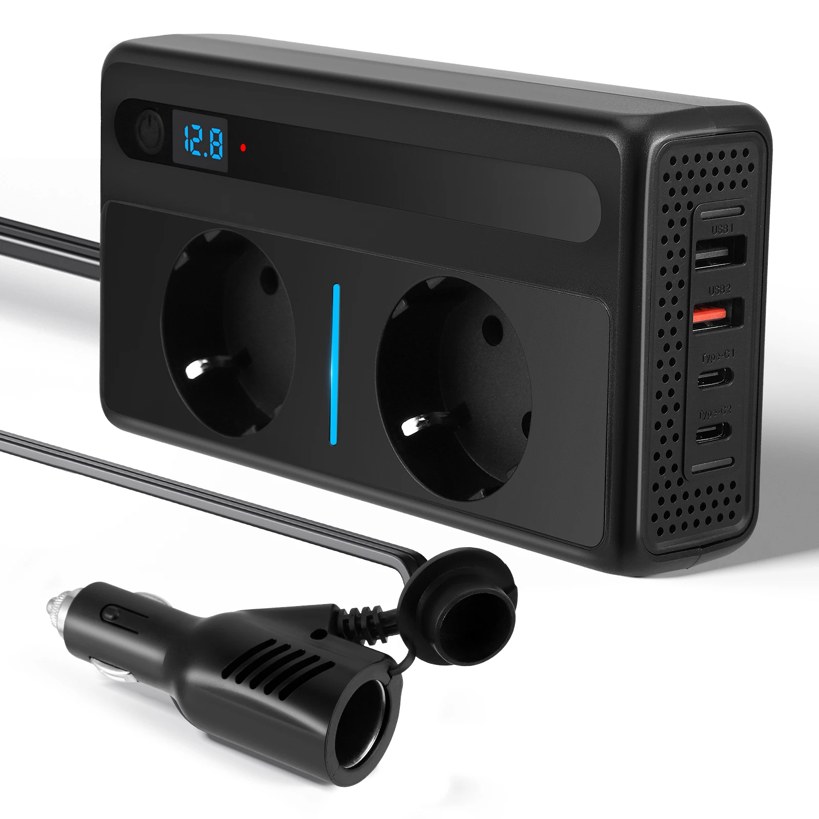 Convertisseur de tension pour voiture 300W, onduleur DC 12V vers AC 230V avec 4 ports USB, chargeur rapide pour voiture avec prise allume-cigare