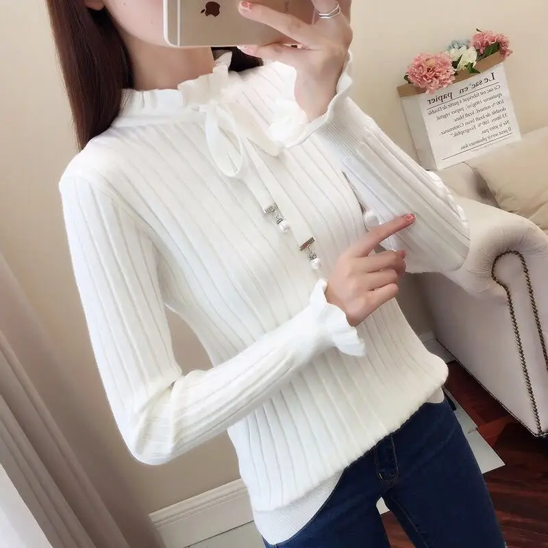 2024 Women Bowknot Knitted Sweater New Autumn Winter Elasticity Slim Turtleneck Sweater Long Sleeve Office Lady Elegant Shirt