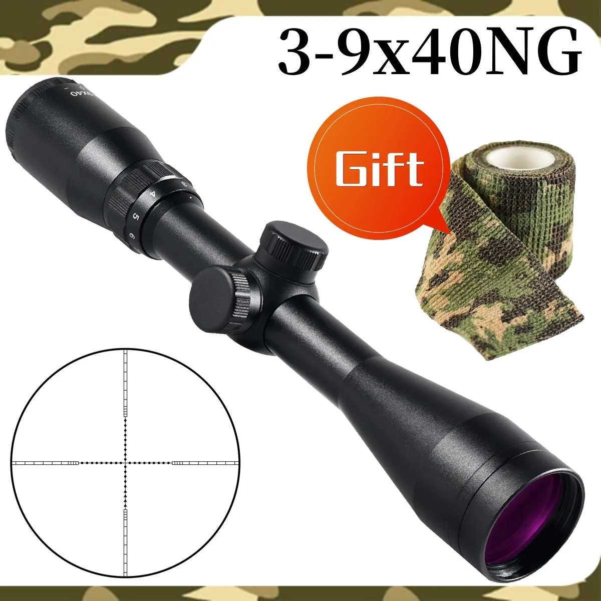 3-9x40NG Hunting Optical Rifle Scope Tactical Adjustable Zoom Long Range Shooting Scopes Purple Lens Anti Glare 11mm/20mm Rail