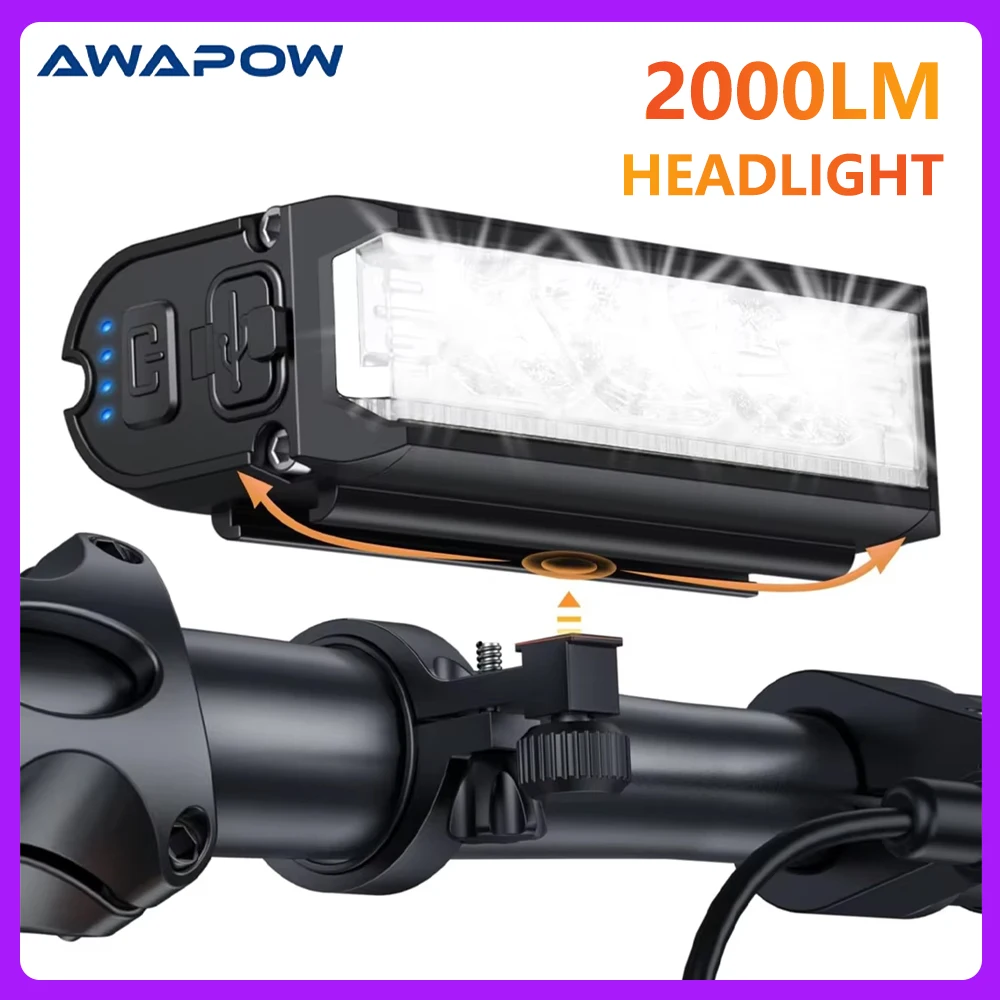 Awapow New 2000 Lumen Bike Headlight 4000mAh Flashlight Waterproof Bicycle Front Light USB Charging Cycling Lamp Bike Accessorie