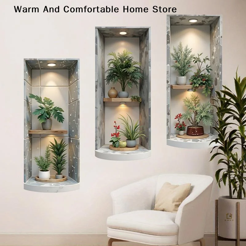 【W】3Pcs Marble Wall Niche Plant Print Wall Stickers Modern Green Plant Recessed Cabinet Self Adhesive Wallpaper For Hallway