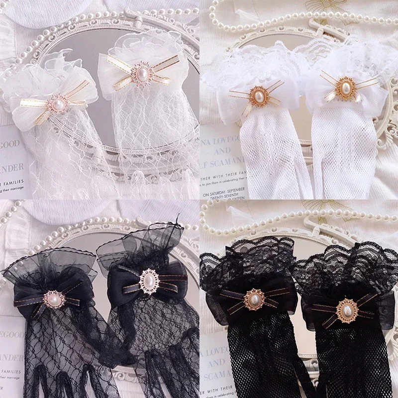 Fille Lolita maille nœud fleur dentelle gants noir blanc dentelle gants lolita dentelle manches Cosplay bijoux
