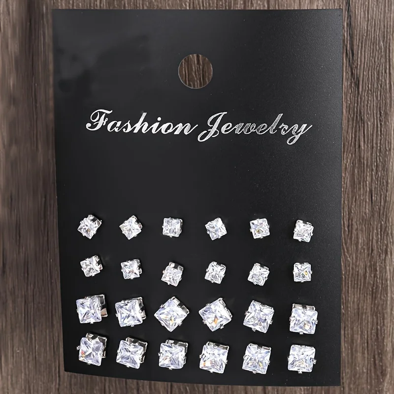 12pairs Exquisite Zinc Alloy Stud Earrings With White Square Cubic Zirconia Inlaid Suitable for Men and Women Daily Wear Jewelry