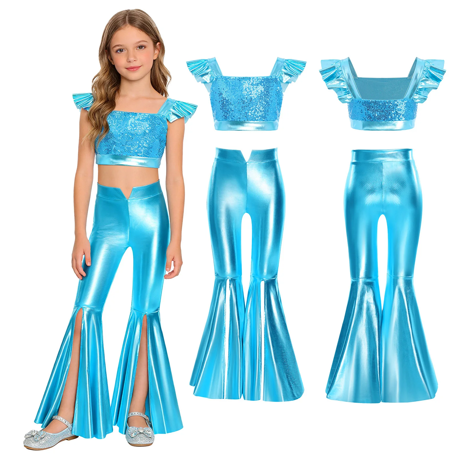 Kids Girls Metallic Sequins Ruffled Sleeve Crop Top Split Bell Bottom Pants Sparkly Stretchy for Jazz Dance Stage Performance