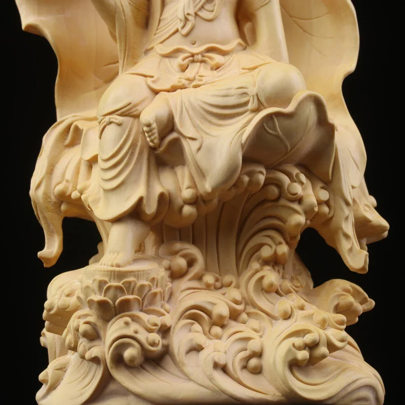 Hand Carved Wooden Sitting Avalokiteshvara Guan Yin Bodhisattva Statue - Figurine Ornament Lotus Base Home Altar Temple Decor view 3