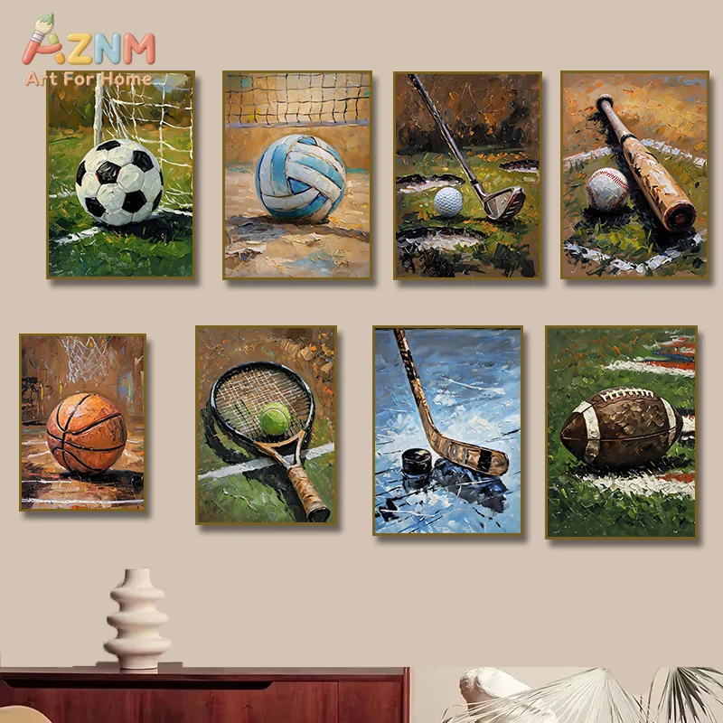 AZNM Vintage Sport Ball Canvas Wall Art Print, Soccer Basketball Tennis Golf Baseball Hockey Impasto Oil Painting Boys Bedroom G
