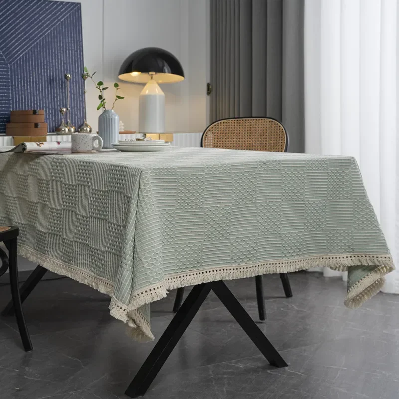 INS American Geometric Plaid Tablecloth, Full Polyester Jacquard Tassel Rectangle Table Cover for Dining Coffee Table
