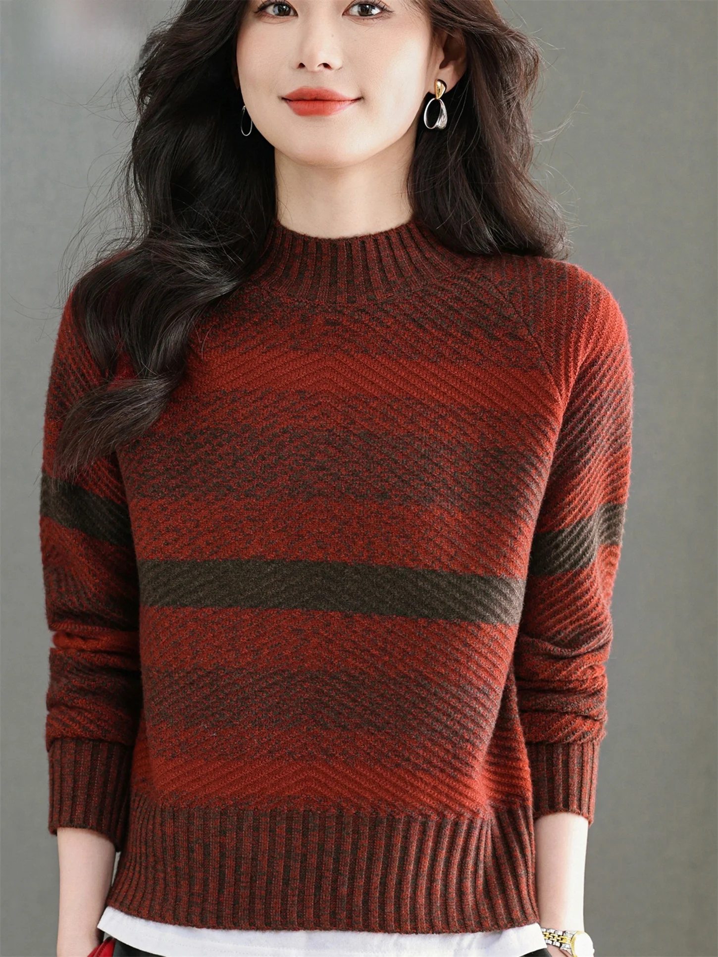 

Осенне-зимний полосатый вязаный свитер High Ne, женский цветной свитер среднего возраста для пожилых лет, внутренняя одежда, модный свитер для похудения