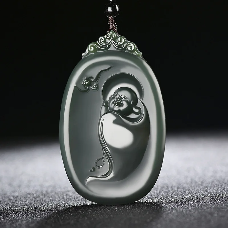 

Fine Jewelry Natural Hetian Nephrite Jade Qingyu Pagoda Laughing Buddha Pendant for Men and Women